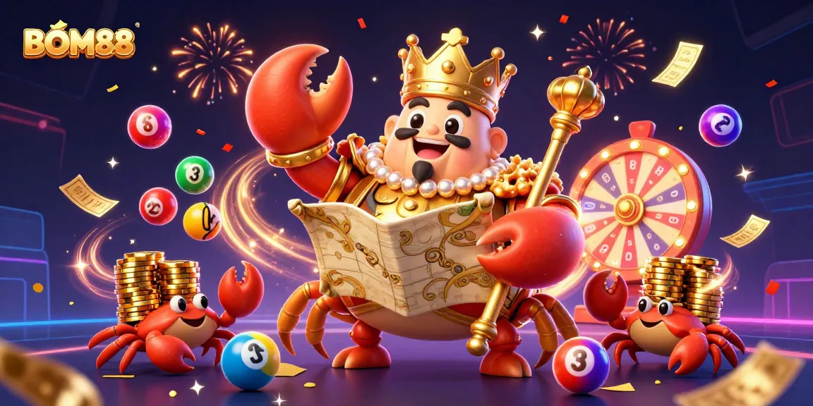 BOM88 offers an exciting gaming experience with a vibrant scene featuring a golden crab emperor and thrilling casino elements.