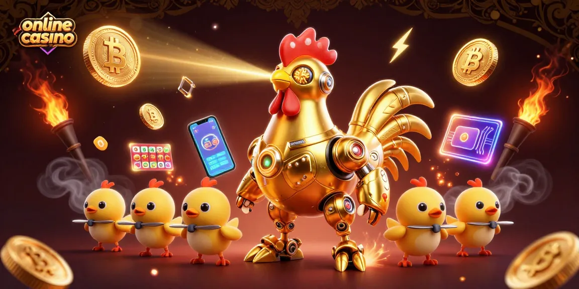 Experience the excitement of an online casino with a vibrant 3D illustration of a golden rooster robot leading crypto-themed elements.