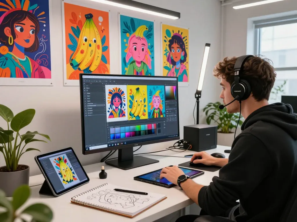 Dynamic artist editing with nano banana AI in an innovative digital studio.