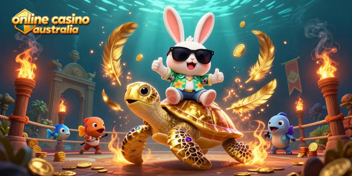 Engage in the vibrant online casino Australia experience with our lucky rabbit and golden sea turtle illustration.
