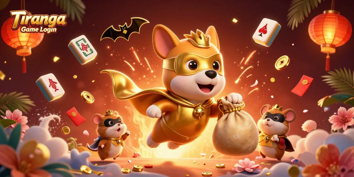 Tiranga Game Login features a superhero dog and hamster in a festive casino illustration with vibrant gaming elements.