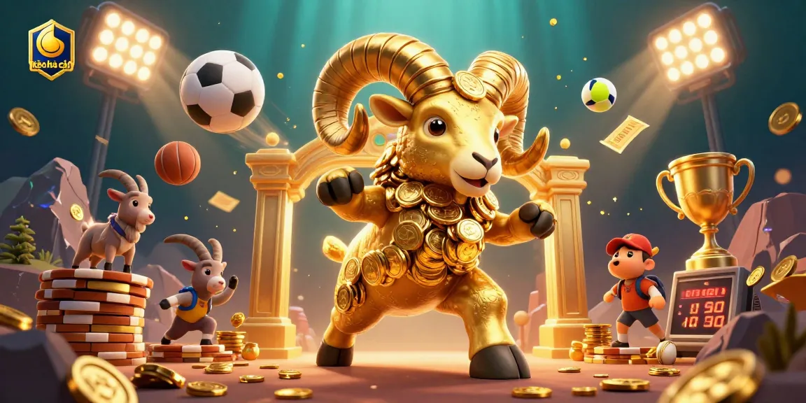 Experience kèo nhà cái excitement as a golden ram charges under brilliant stadium lights filled with sports elements.