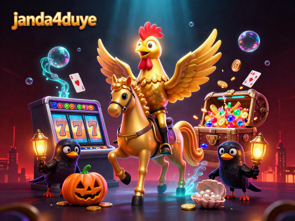 Janda4duye menghadirkan permainan slot seru dalam ilustrasi 3D yang menampilkan karakter unik di lingkungan kasino malam.