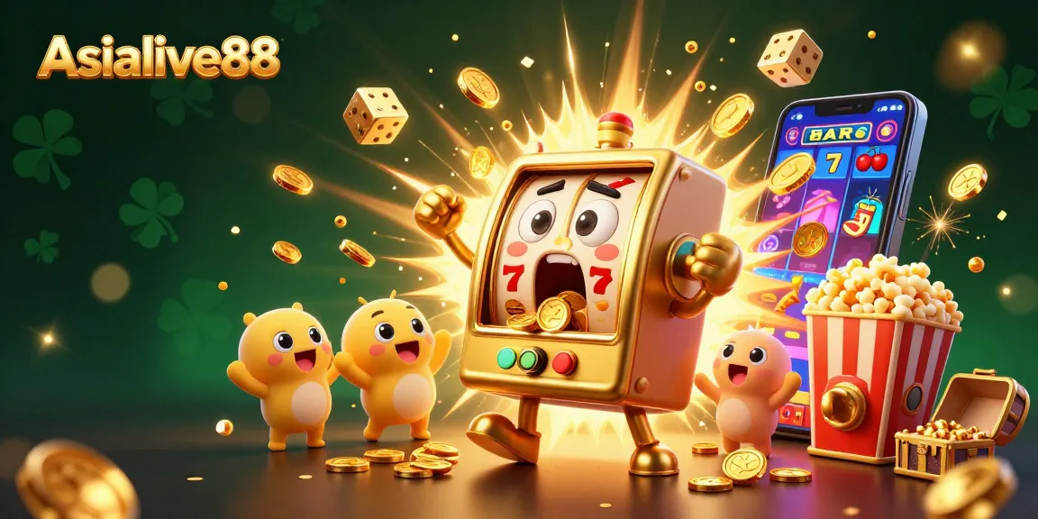 Asialive88's lively slot machine scene showcases jackpots, cheering mini machines, and thrilling casino elements.
