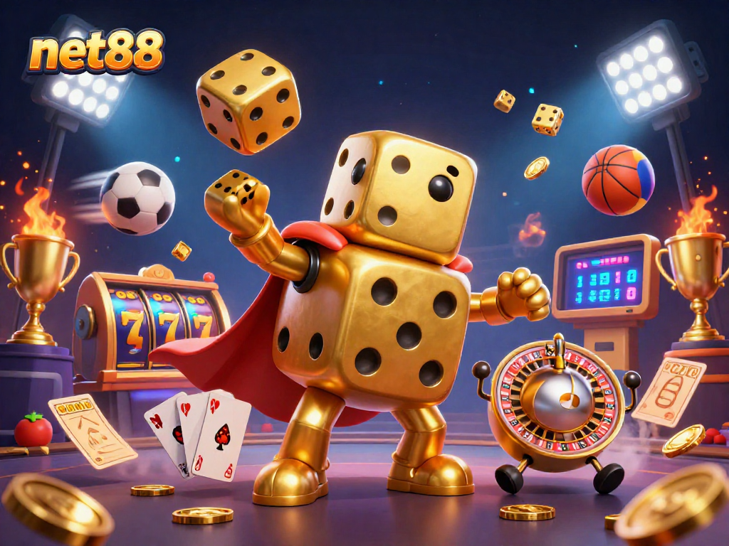 Engage with net88 in this vibrant 3D casino scene filled with dynamic golden dice and action-packed game elements.