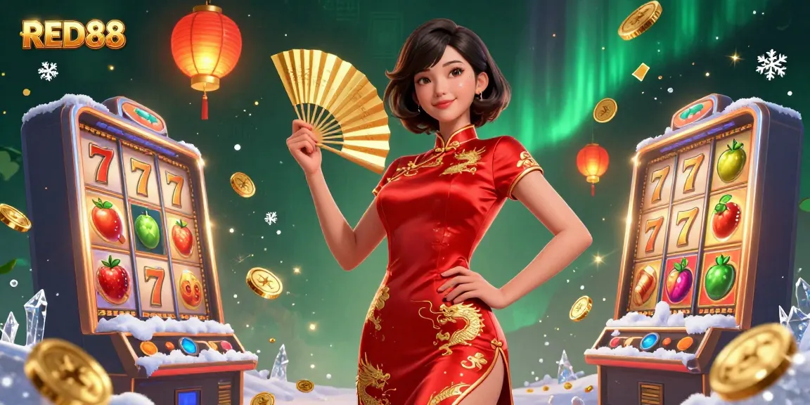 Engage with the thrilling world of gambling at RED88 featuring vibrant visuals of slot machines and lucky symbols.