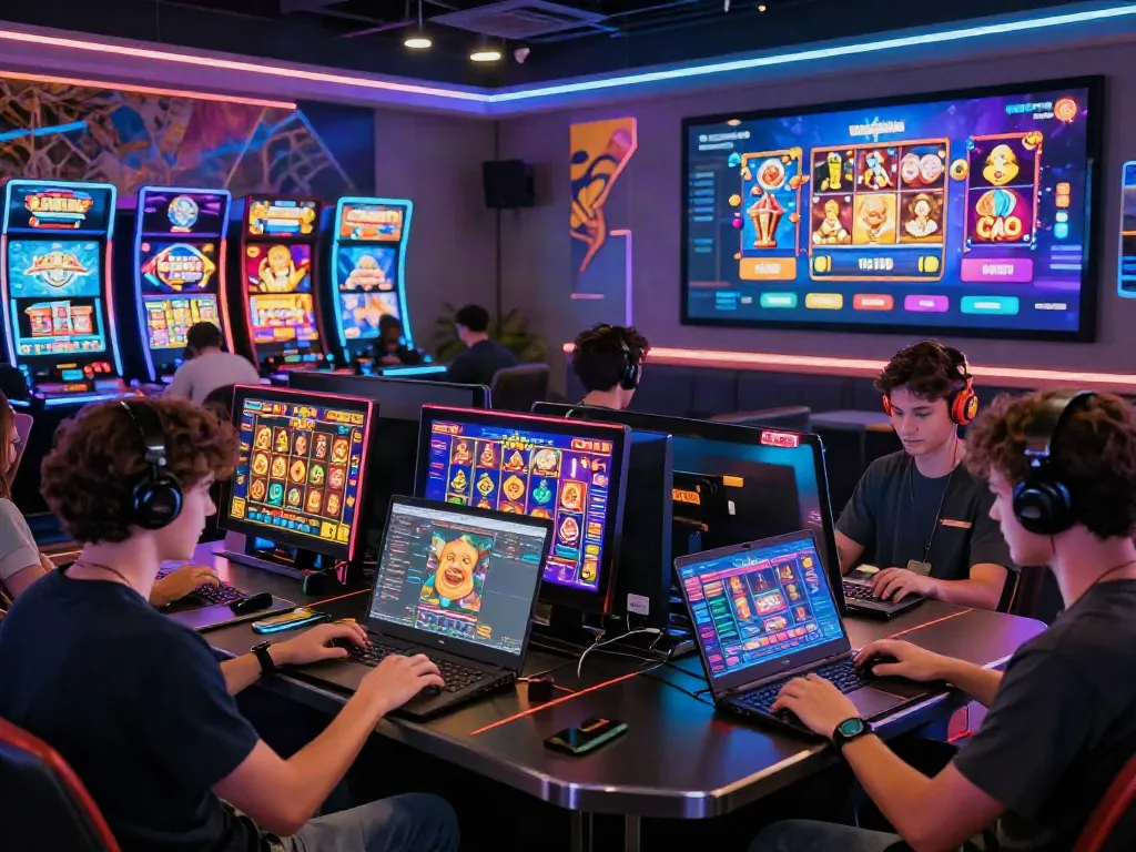 Engaging scene of players enjoying slot online gacor in a modern virtual casino, showcasing excitement and vibrant gameplay.