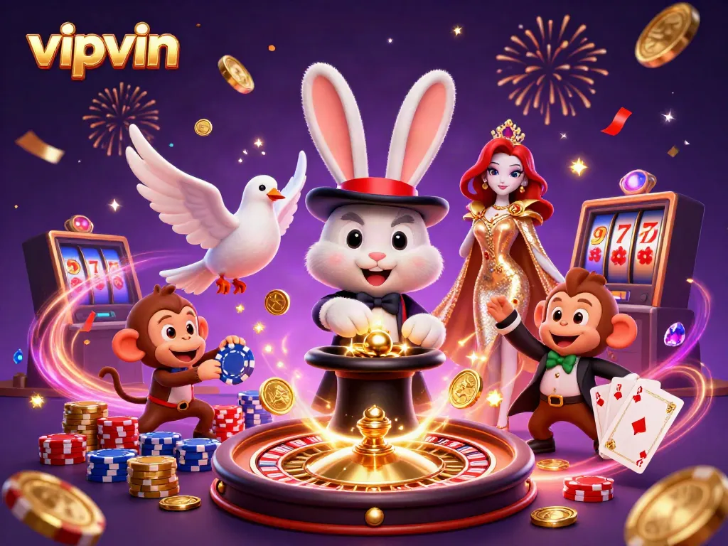 Experience the excitement of vipvin with a magician rabbit, coins, and poker chips in a vibrant casino scene.