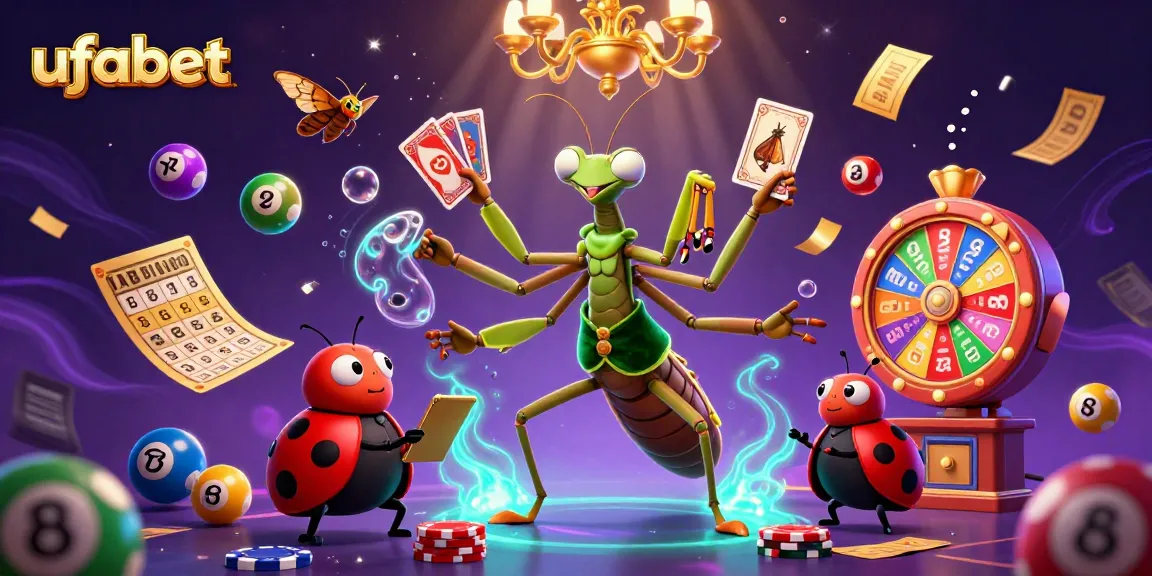 Experience the thrill of ufabet with a vibrant casino scene featuring a card sharp mantis and ladybug pit boss.