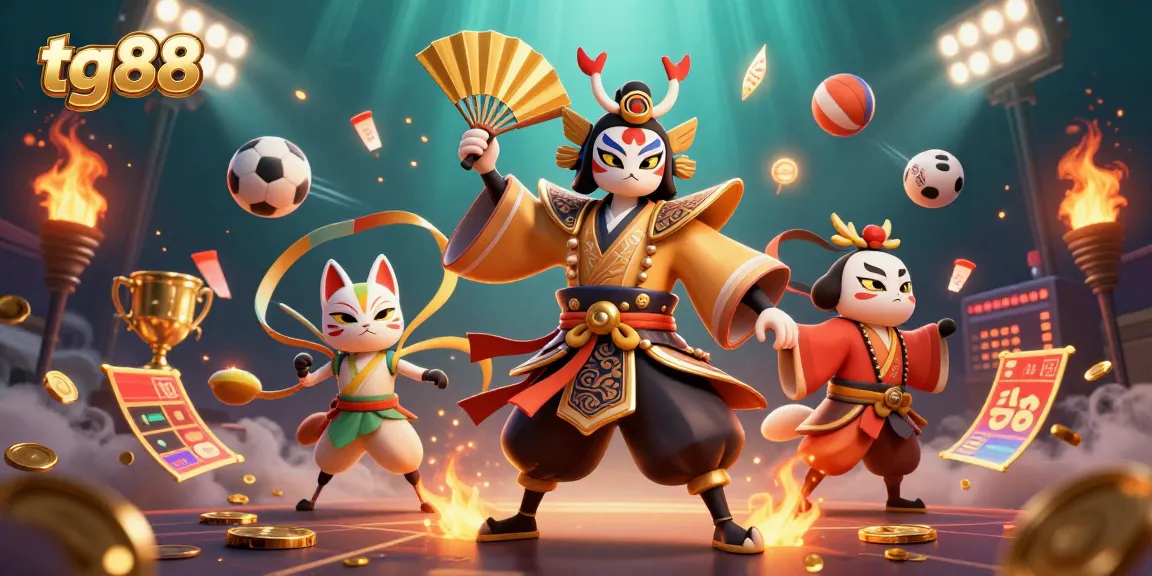 Engage with tg88's vibrant 3D casino action featuring kabuki warriors, sports elements, and dynamic visuals.
