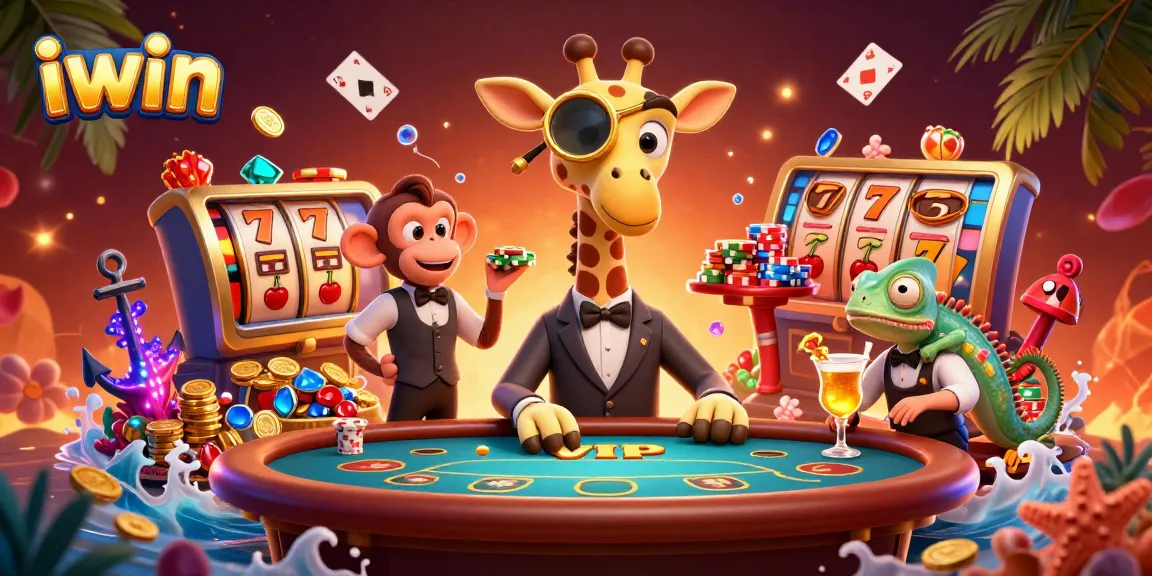 Play thrilling slots with iwin's vibrant, immersive illustration of a high-roller casino scene.
