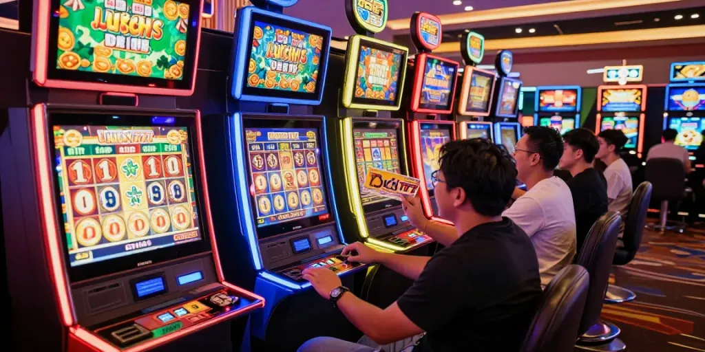 Exciting casino scene with players celebrating wins on Lucky777 slot machines amidst vibrant neon lights.