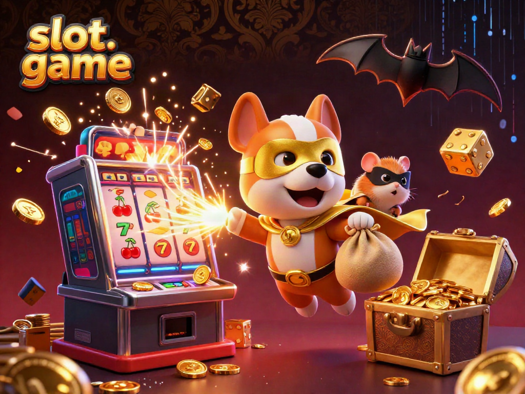 Dynamic 3D illustration of a superhero dog and hamster celebrating slot game wins with colorful casino elements.