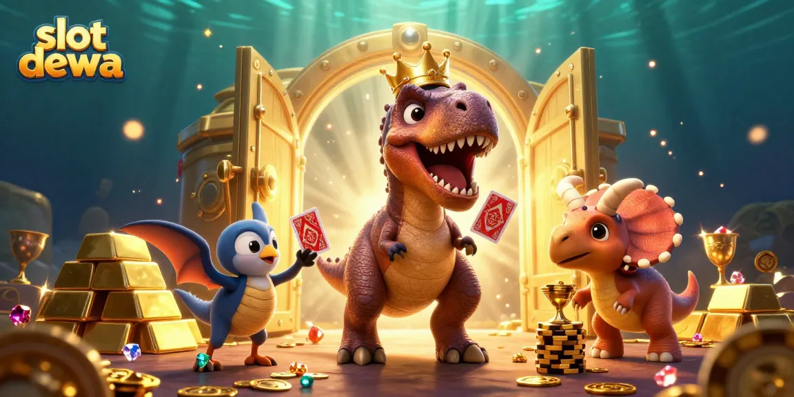 Menangkan jackpot bermain slot dewa dengan karakter lucu dinosaurus dan simbol kasino yang menarik.