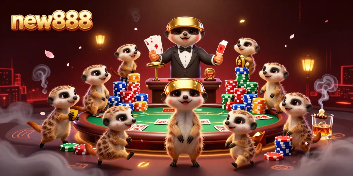 Experience the exciting world of new888 casino with meerkats managing games and chips.