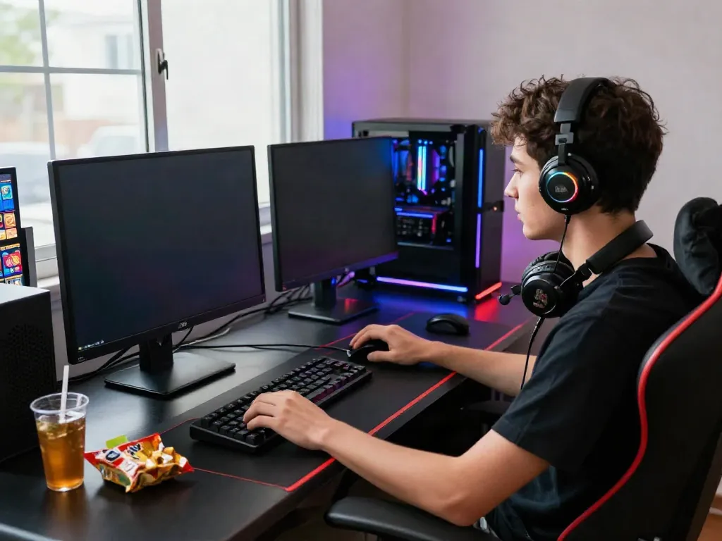 Engaged gamer playing akunjp online slots in a vibrant home setup