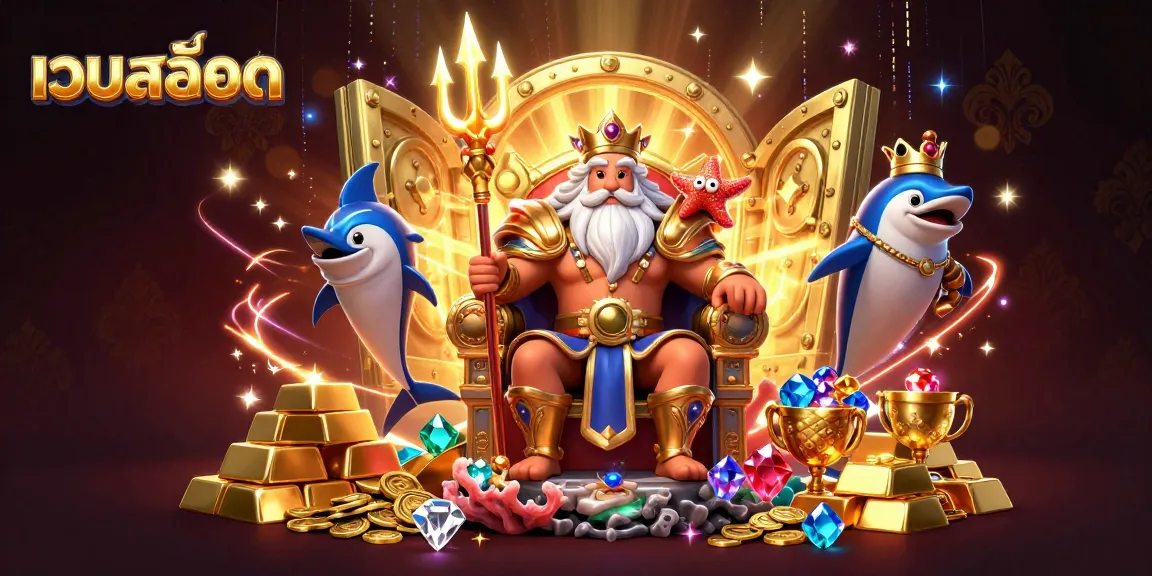 Experience excitement in เว็บสล็อต with Neptune and treasure-filled scenes emphasizing casino games.