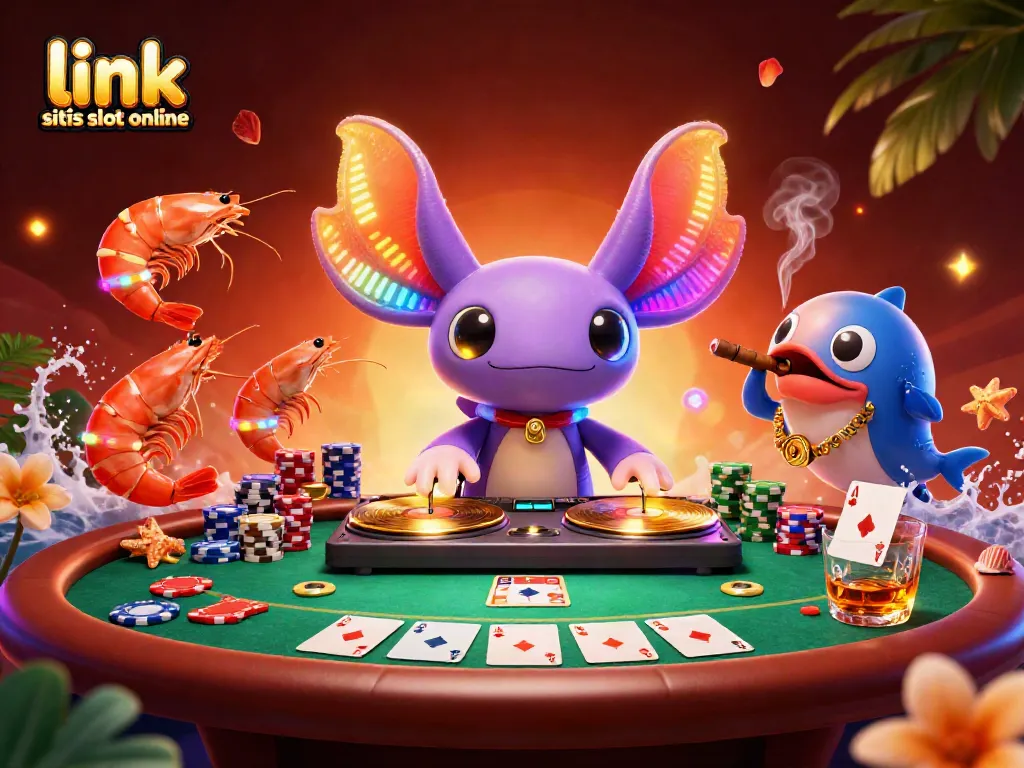 Menghadirkan link situs slot online, ilustrasi kasino 3D dengan axolotl DJ dan udang penari