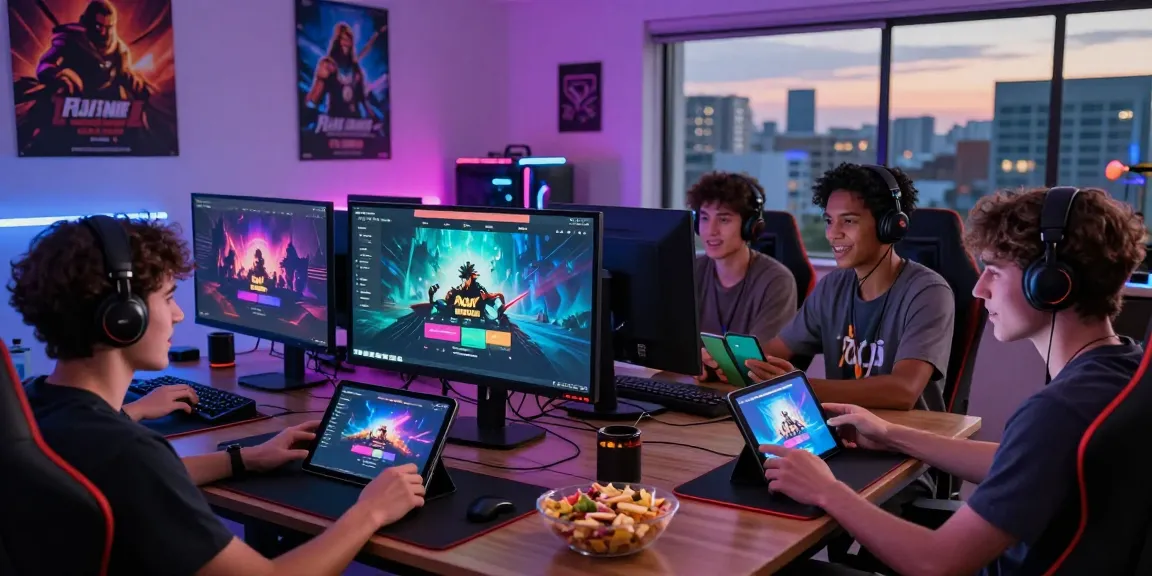Group of friends using Raja Game login on multiple devices in a vibrant gaming setup