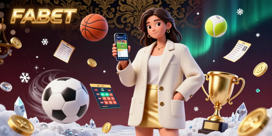 Experience FABET with immersive sports betting action, featuring an Asian woman showcasing a betting app surrounded by dynamic sports elements.