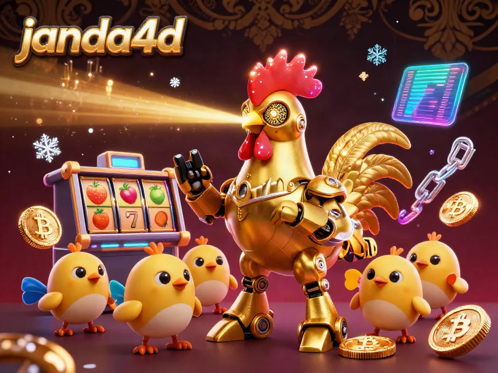 Permainan janda4d yang menarik dengan robot ayam emas dan drone di latar belakang kasino.