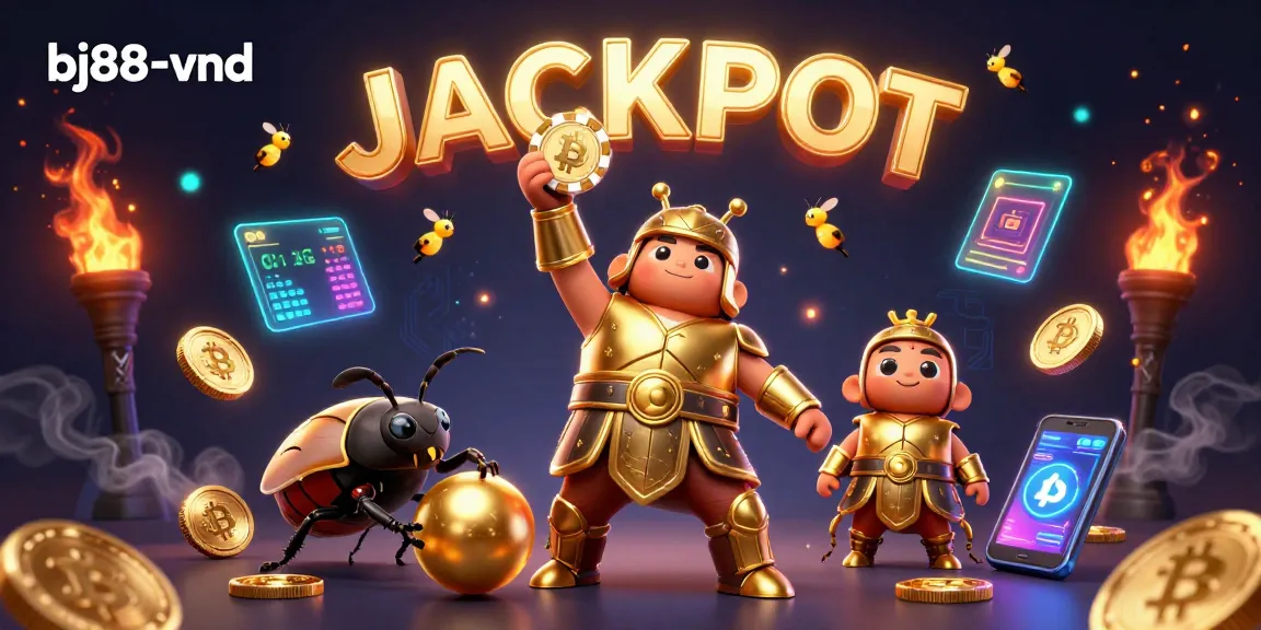 Experience the excitement at bj88-vnd with a victorious beetle lifting a poker chip amidst glowing casino elements.