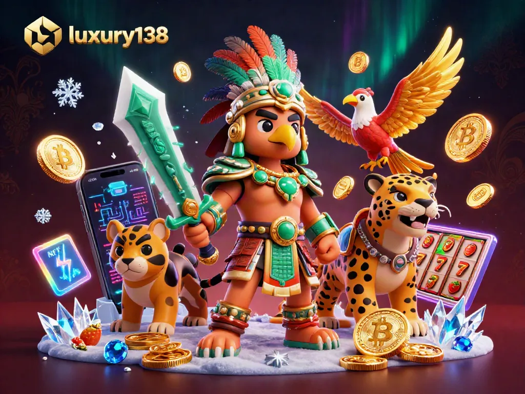 Spin to win with luxury138 at this vibrant 3D casino scene filled with Aztec warriors and golden coins.