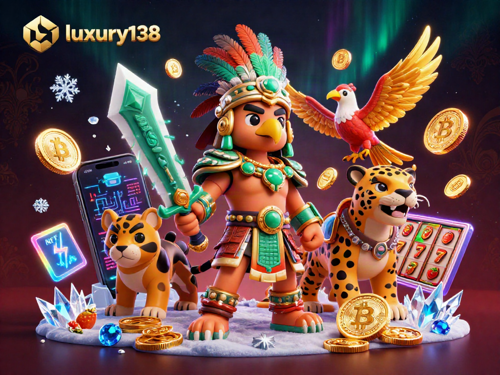 Spin to win with luxury138 at this vibrant 3D casino scene filled with Aztec warriors and golden coins.