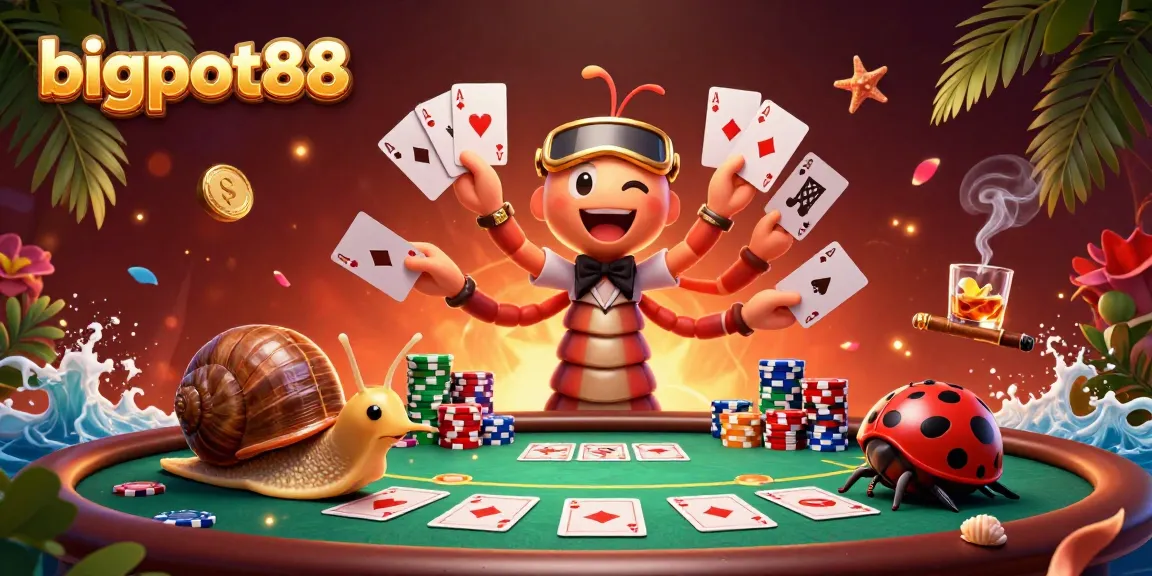 Experience bigpot88's thrilling casino atmosphere with a whimsical cartoon poker scene.