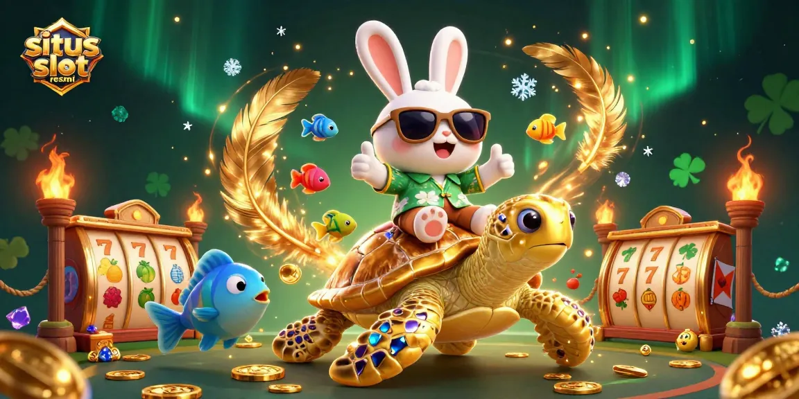 Join the fun at situs slot resmi with a lucky rabbit and golden turtle celebrating wins in a vibrant casino!
