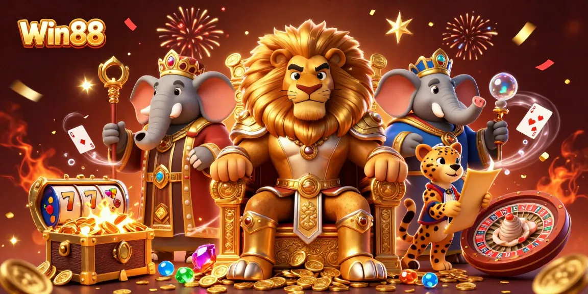Win88 players enjoy thrilling slots with enchanting characters in a vibrant casino scene.