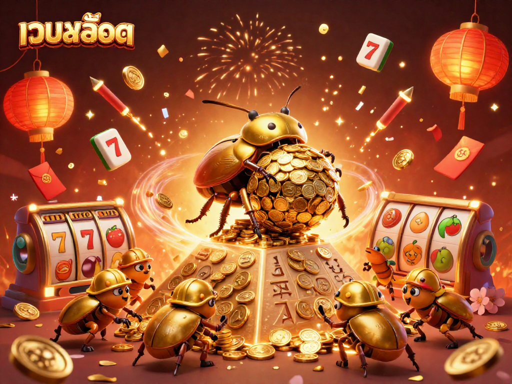 Engage with เว็บสล็อต addictive gaming, featuring golden beetles and vibrant slot symbols.