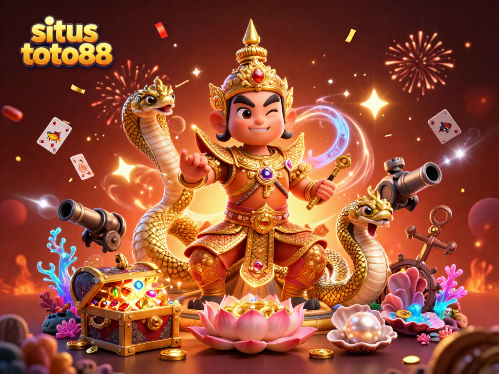 Experience excitement on situs toto88 with a vivid 3D illustration of a Thai temple guardian, Naga serpents, and casino treasures.
