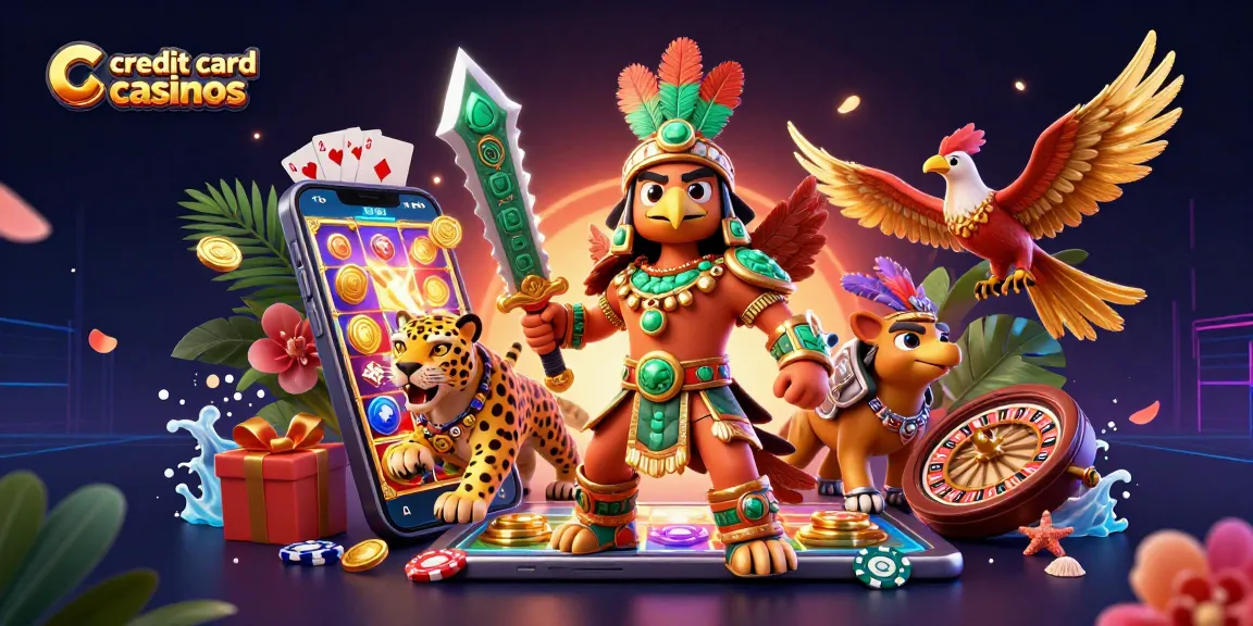 Engage with credit card casinos through vibrant gaming action and lively characters in this dynamic illustration.