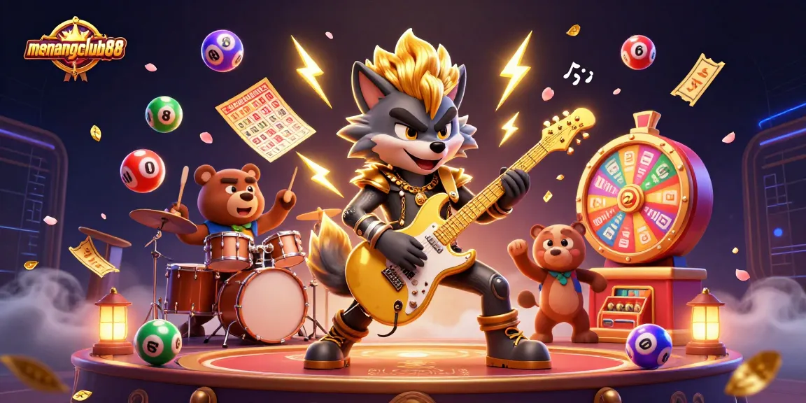 Experience dynamic fun with menangclub88's vibrant casino scene featuring a rock star and a drummer.