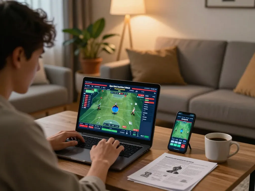 Person exploring kèo nhà cái trực tiếp in a cozy home setting, engaged in online sports betting.