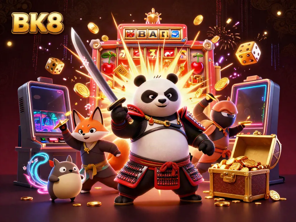 Experience thrilling gameplay at BK8 with a dynamic 3D illustration showcasing an exciting casino atmosphere.