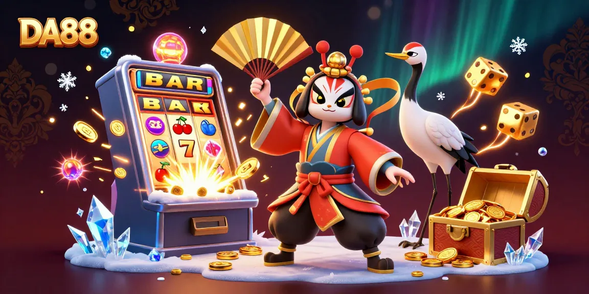 Engage with DA88's colorful casino experience featuring kabuki warriors, slot machines, and thrilling gameplay.