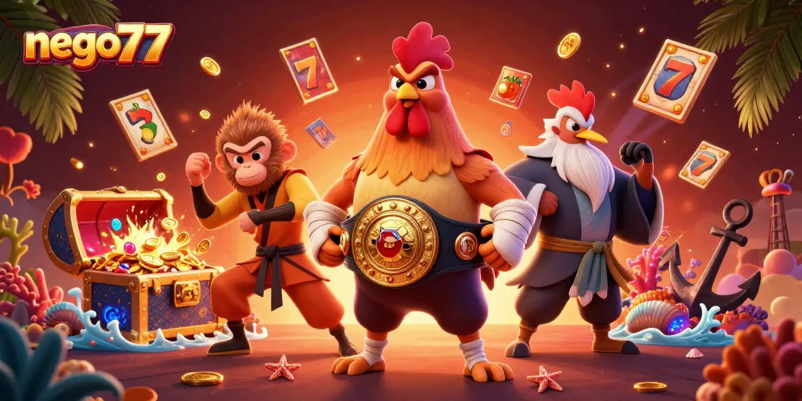 Nego77 slots featuring dynamic characters and casino elements in a vibrant scene