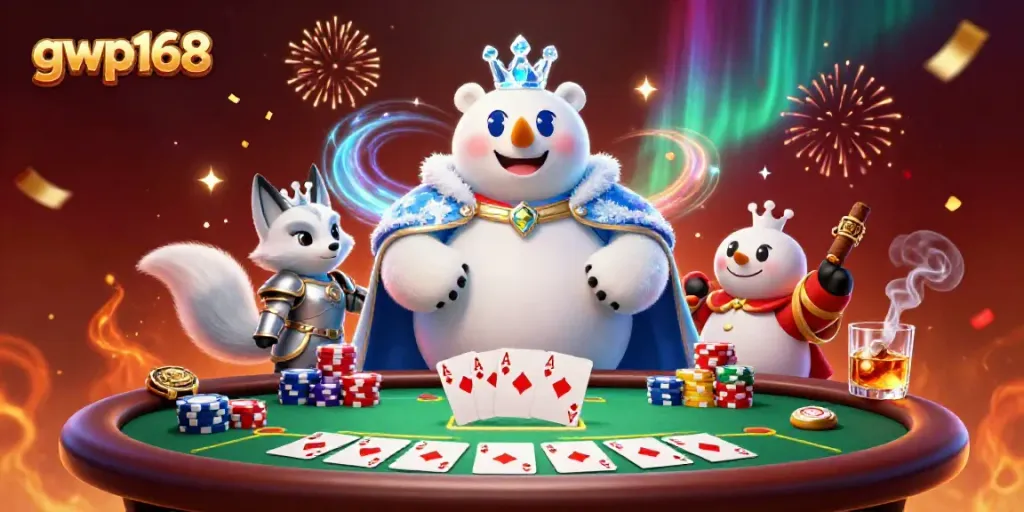 GWP168 menampilkan raja slot dan teman di meja poker, memberikan kesan kemenangan.