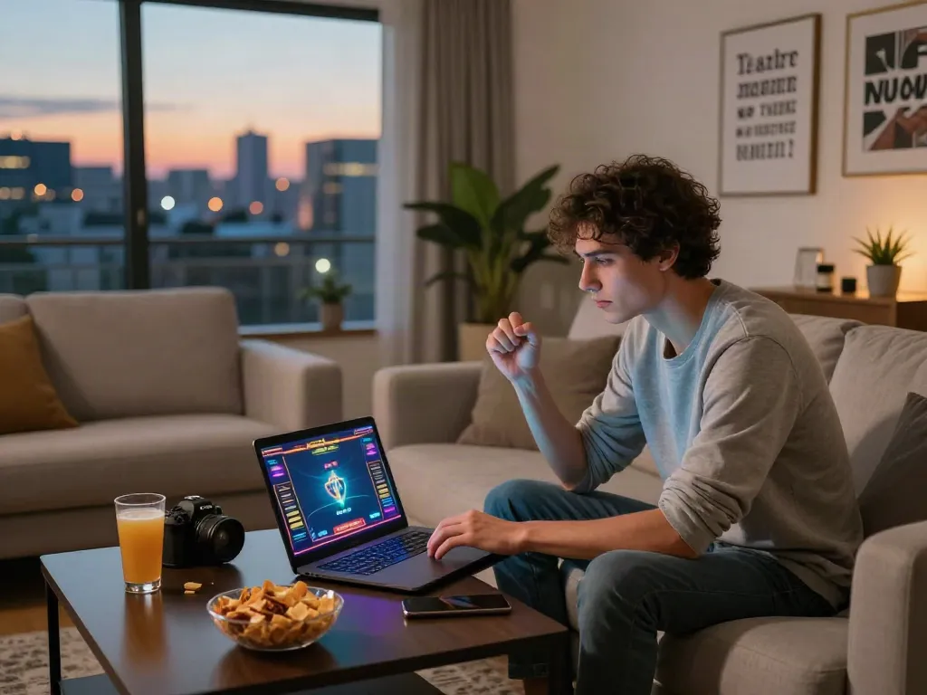 A person enjoying online gaming at home with akunjp on laptop, vibrant atmosphere, snacks on coffee table.