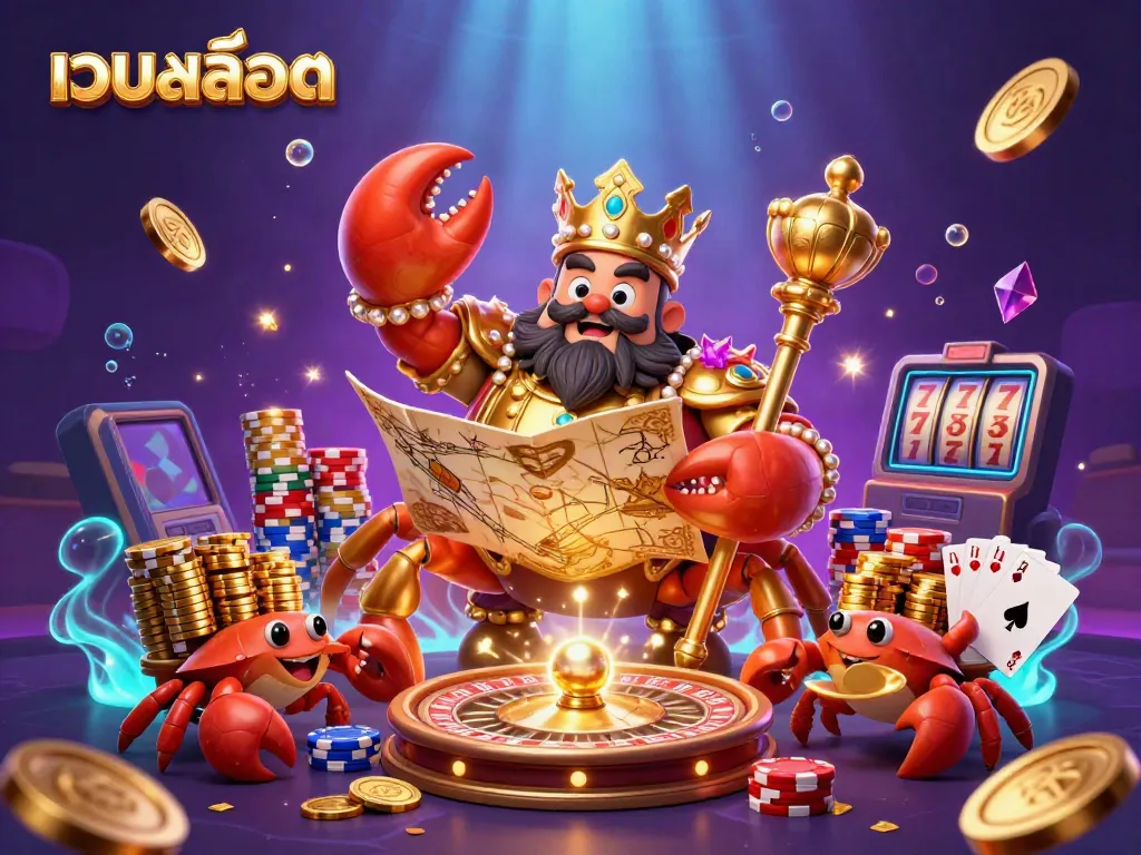 ภาพของเว็บสล็อต แสดงถึงอาณาจักรการพนันที่น่าตื่นเต้นด้วยปูทองคำและชิปสีทอง