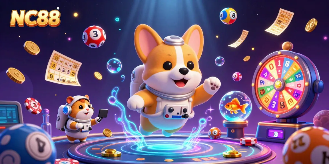Experience excitement at NC88 casino with vibrant lottery balls, golden tickets, and floating coins.