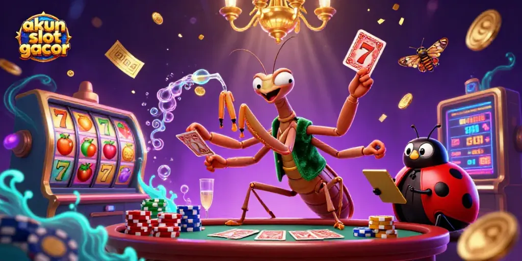 Experience the excitement of akun slot gacor with a thrilling casino scene featuring a giant praying mantis and vibrant slot reels.