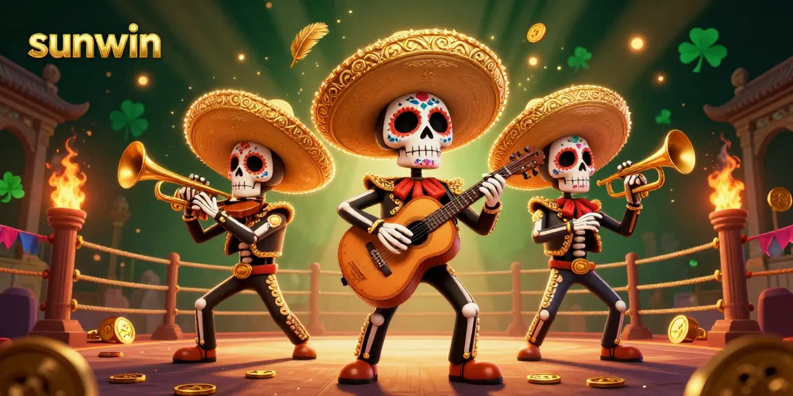 Engage in thrilling gameplay with sunwin's vibrant 3D illustration featuring a mariachi band amidst a grand casino atmosphere.