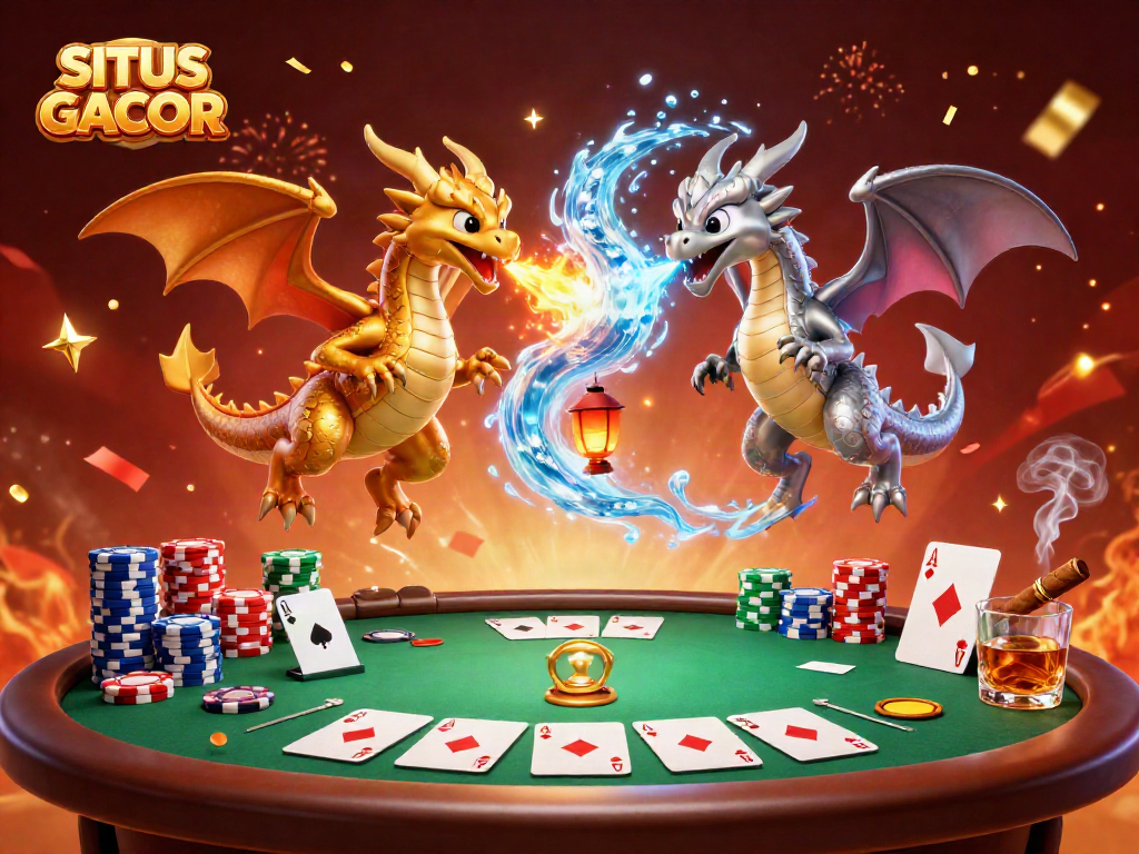 SITUS GACOR showcases a vibrant 3D casino scene with dragons, poker elements, and dynamic gaming action.