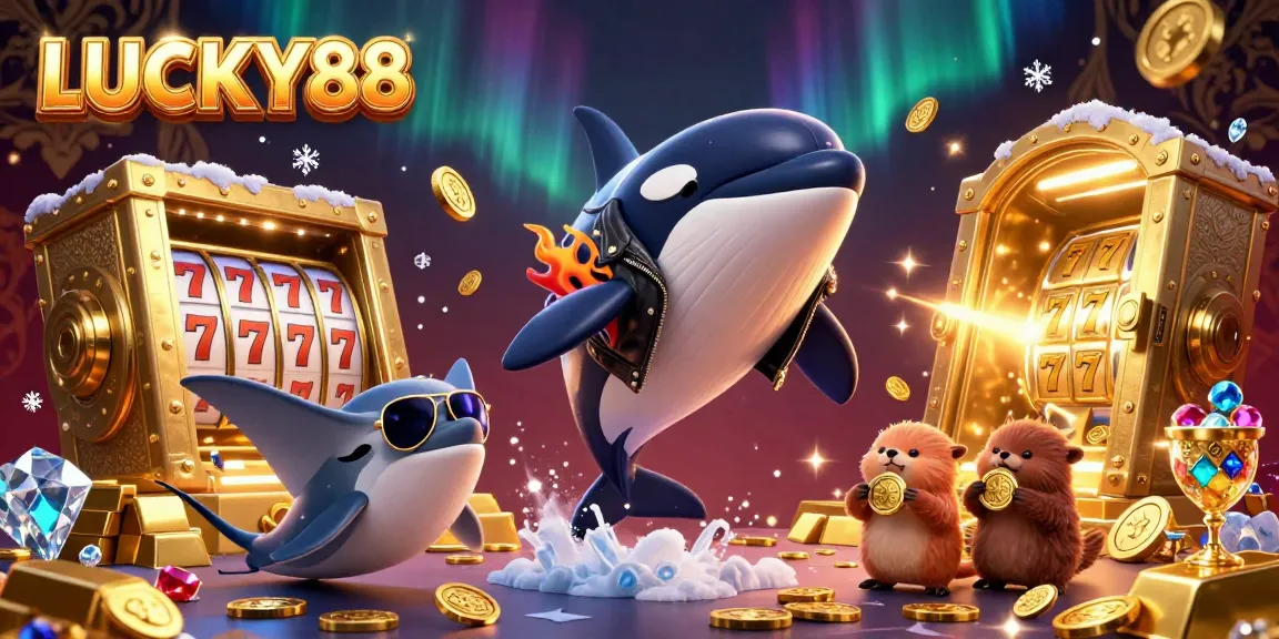 Experience the thrill of LUCKY88 slots with energetic characters amidst treasure and casino elements.