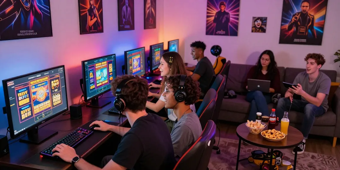Friends exploring exciting bonus buy slots in a vibrant gaming setup.
