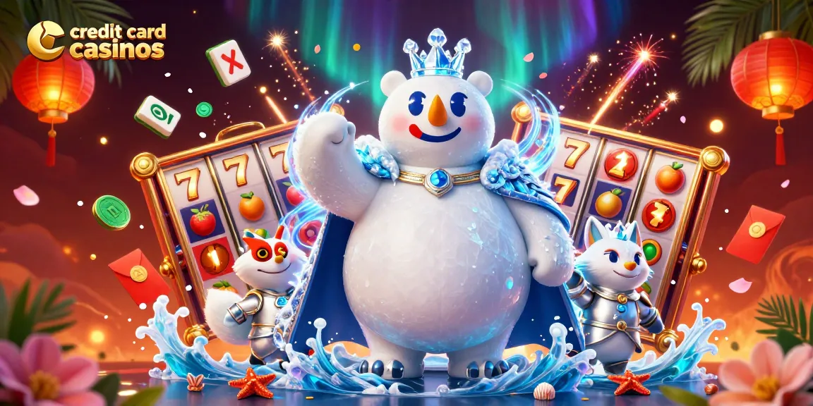 Experience thrilling action at credit card casinos with vibrant slot reels and dynamic characters.