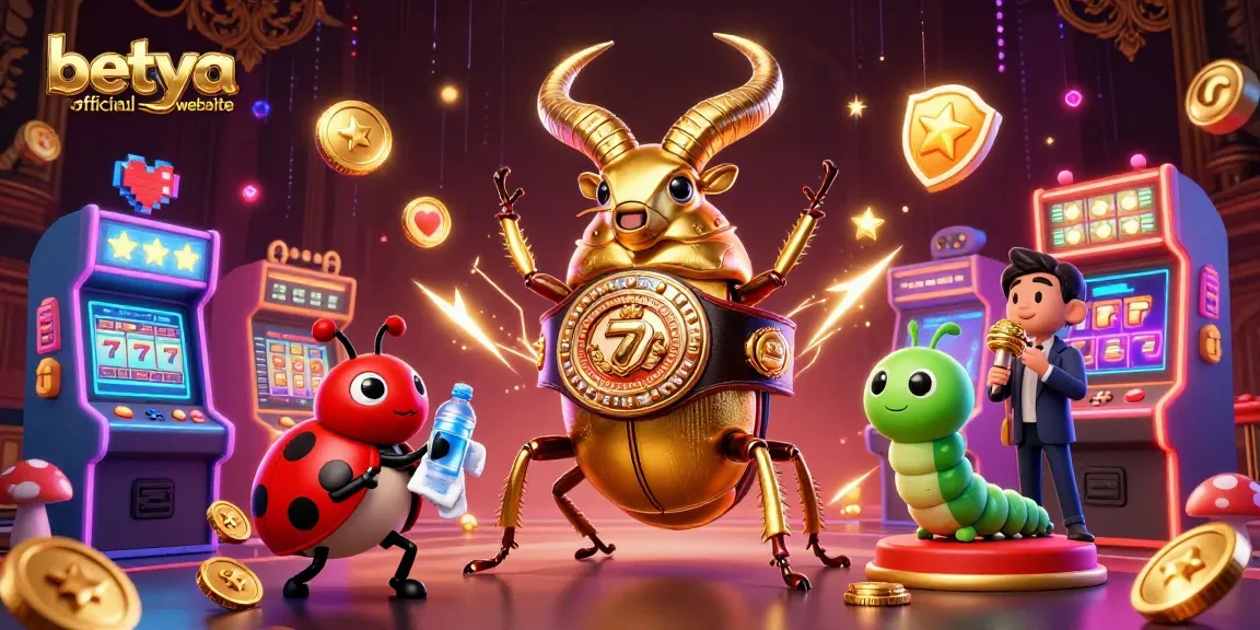 Betya official website showcases a vibrant 3D illustration of a golden stag beetle in a championship showdown amidst casino gaming elements.